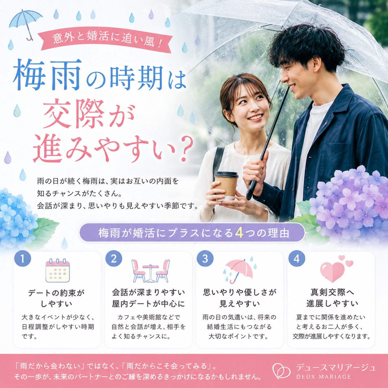梅雨の時期は交際が進みやすい？婚活に追い風の季節です