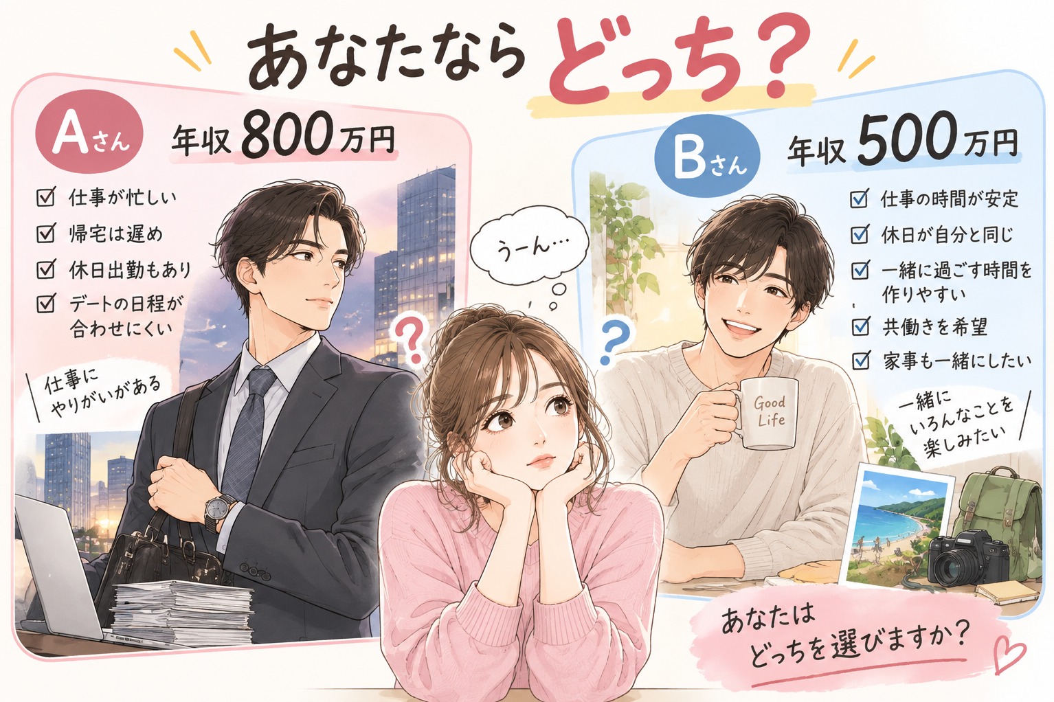あなたならどっち？年収800万円で多忙 vs 年収500万円で休日が合う