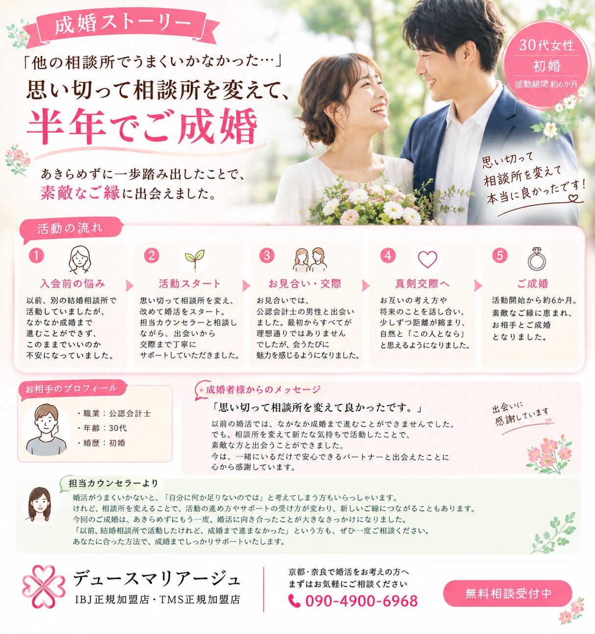 他の結婚相談所で成婚できなかった30代女性。相談所を変えて、半年でご成婚
