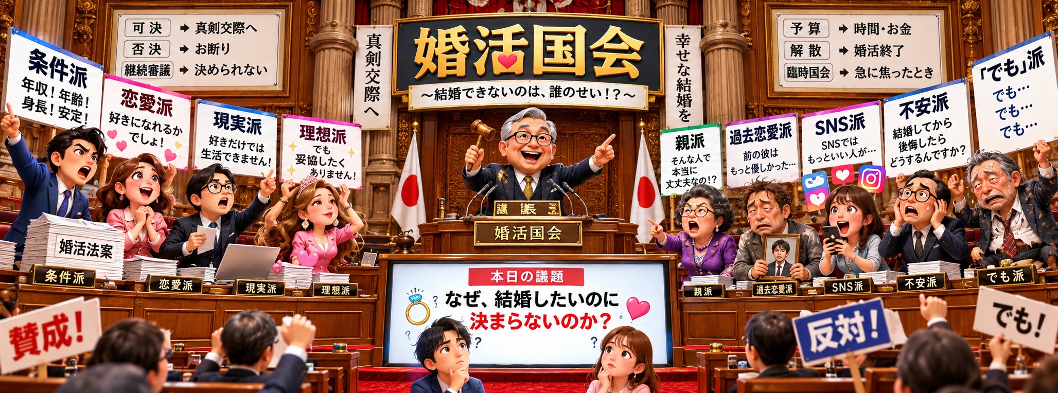 🏛️😂 婚活国会 婚活について、今日も国会が荒れています。 ――結婚したいのに、なぜ決まらないのか？――